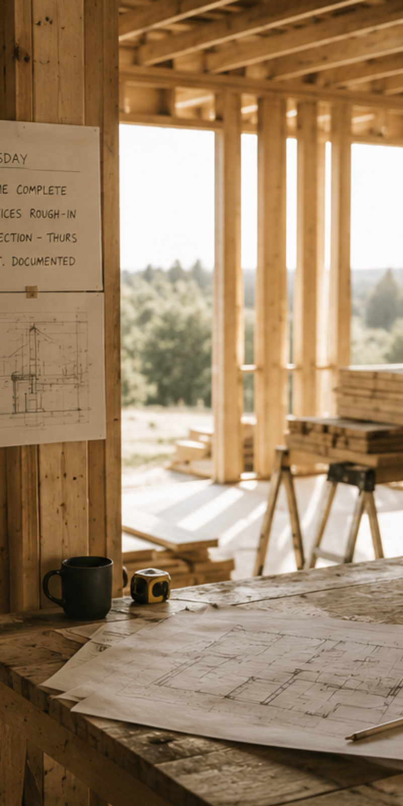 A timber-framed build site with plans and a coffee on the workbench